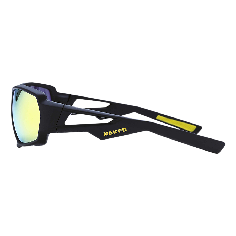The CHARGE Fullframe by NAKED Optics are black sunglasses featuring yellow mirrored lenses and “NAKED” in yellow text on the side. Made from lightweight TR90 material, these Sportsonnenbrille offer optimal comfort and come with UV400 Schutz for superior eye protection.