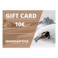 NAKED Optics-Geschenkgutschein im Wert von 10 € – mit einem stilvollen Skifahrer-Motiv in verschneiten Bergen und dem NAKED Optics-Logo am unteren Rand. Das perfekte Geschenk für jeden Outdoor-Sportler oder alle, die ihre Sportbrille aufwerten möchten.