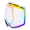 A curved Ersatzglas GLOBE ski goggle lens by NAKED Optics, featuring rainbow-tinted glass and black ventilation slits, displayed on a white background.