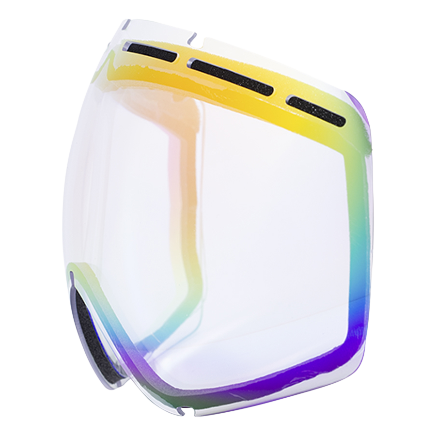 A curved Ersatzglas GLOBE ski goggle lens by NAKED Optics, featuring rainbow-tinted glass and black ventilation slits, displayed on a white background.