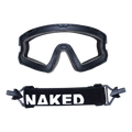 Black Goggle-Upgrade FALCON goggles from NAKED Optics, featuring a detachable strap with bold white NAKED branding on a plain background, offering a sleek upgrade for any adventure.