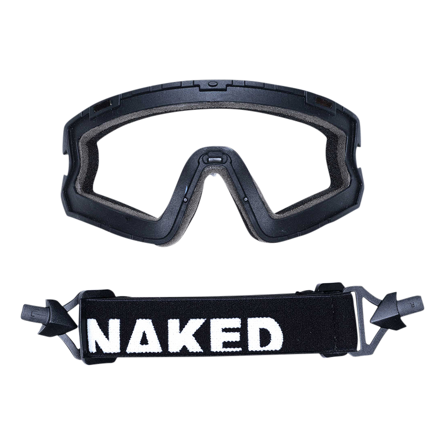 Black Goggle-Upgrade FALCON goggles from NAKED Optics, featuring a detachable strap with bold white NAKED branding on a plain background, offering a sleek upgrade for any adventure.
