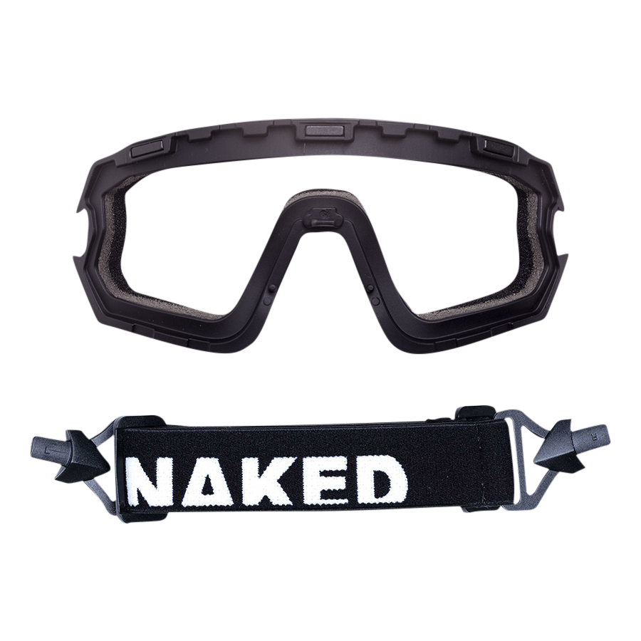 The Goggle-Upgrade HAWK by NAKED Optics features a sleek black frame and a detachable strap boldly emblazoned with “NAKED” in white letters—making it the ultimate choice for those seeking both style and function.