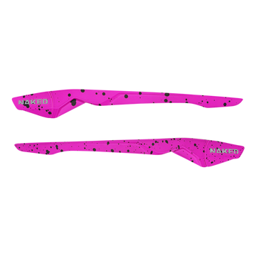 Two vivid pink, angular pieces with black speckles and NAKED branding are showcased on a white background—these are Ersatzbügel HAWK by NAKED Optics, ideal as replacement temples for your Sportbrille HAWK.