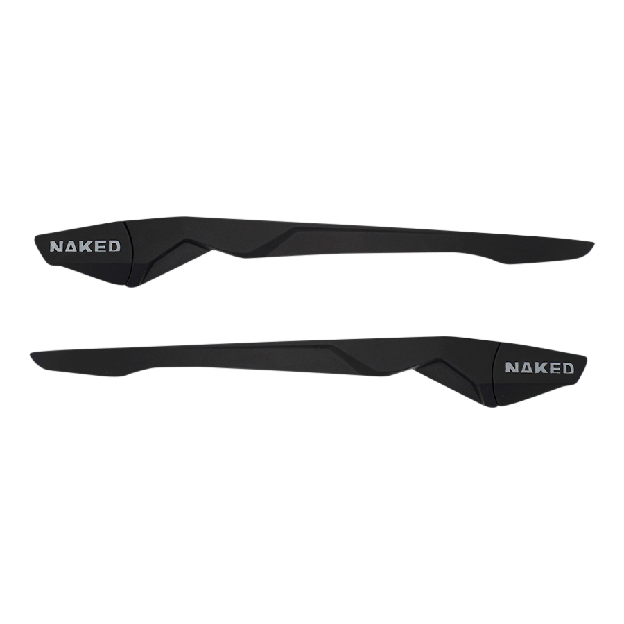Two black, angular Ersatzbügel HAWK car side skirts from NAKED Optics, each featuring the brand’s NAKED text in white on one end, styled with sleek lines reminiscent of sports accessory designs, displayed against a white background.