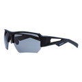 The CHARGE Halfframe by NAKED Optics are black sporty sunglasses featuring gray-tinted lenses and a cutout design on the arms; these ultraleicht Sportbrille provide UV400 Schutz and are shown on a white background.