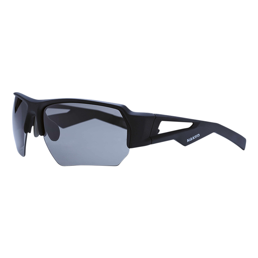 The CHARGE Halfframe by NAKED Optics are black sporty sunglasses featuring gray-tinted lenses and a cutout design on the arms; these ultraleicht Sportbrille provide UV400 Schutz and are shown on a white background.