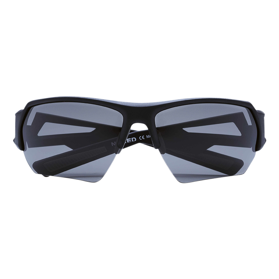 The CHARGE Halfframe by NAKED Optics are black sporty sunglasses with dark tinted lenses, displayed from the front on a white background. These ultraleichte Sportbrille provide reliable UV400 Schutz for your eyes during all outdoor activities.