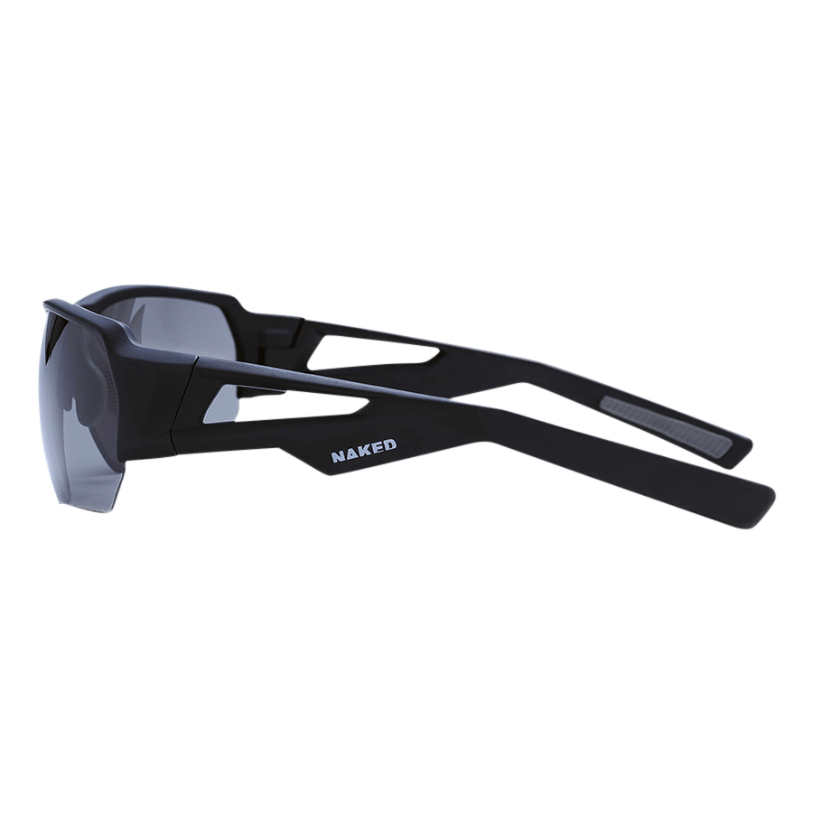 Matte black sporty The CHARGE Halfframe by NAKED Optics with angular, ultra-light frames and reflective lenses, featuring the word NAKED on the side and offering UV400 protection.