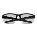 Die RUSH Halfframe Photochromisch von NAKED Optics ist eine schwarze Sportsonnenbrille mit klaren, selbsttönenden Gläsern, die hier von vorne vor einem schlichten weißen Hintergrund abgebildet ist. Diese Sportbrille bietet sowohl im Innen- als auch im Außenbereich zuverlässigen UV400-Schutz für Ihre Augen.