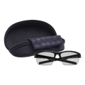 Die RUSH Halfframe Photochromisch von NAKED Optics: schwarze, halbrandlose Sportsonnenbrille mit UV400-Schutz und photochromen Gläsern, inklusive schwarzem Etui und Reinigungstuch, abgebildet auf weißem Hintergrund.