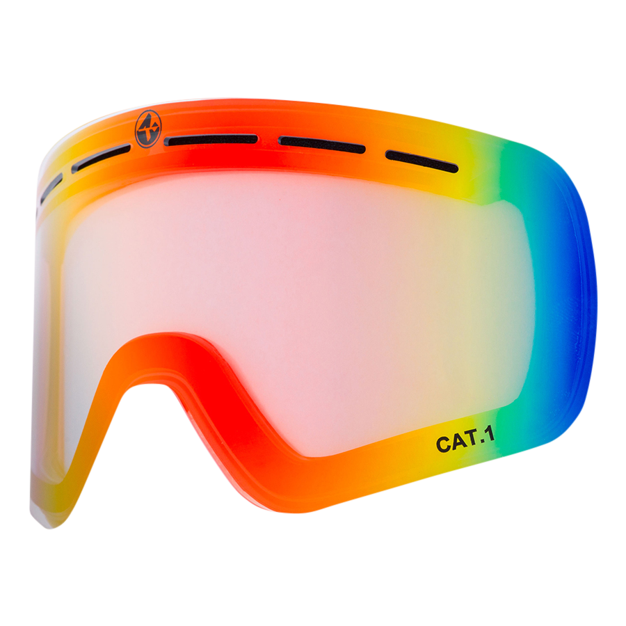 Ersatzglas TROOP Youth von NAKED Optics: Regenbogengetönte Skibrillen-Linse mit Belüftungsschlitzen, Anti-Fog-Beschichtung und CAT.1-Kennzeichnung unten rechts.