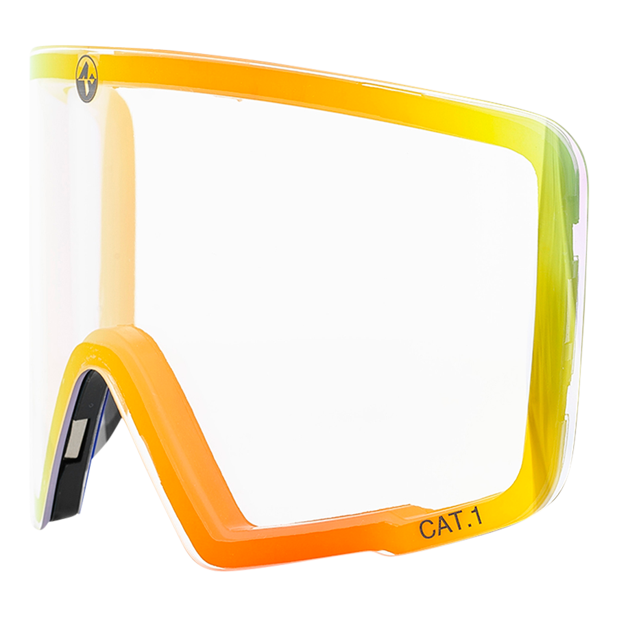 Das Ersatzglas für die REBEL-Radsportbrille von NAKED Optics mit orange-gelbem Farbverlauf und der Kennzeichnung „CAT.1“ in der unteren rechten Ecke bietet optimale Klarheit und ist mit dem innovativen Snap-Tech-Magnetsystem kompatibel.