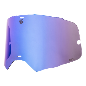 Die NAKED Optics Ersatzglas LINE ist eine blaue, verspiegelte, gewölbte Visierglase mit der Kennzeichnung CAT.2, die für optimalen UV-Schutz entwickelt wurde. Sie eignet sich ideal als MTB-Brille oder Downhill-Brille und wird auf einem schlichten weißen Hintergrund präsentiert.