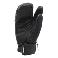 Ein schwarzer 3-Finger-Skihandschuh mit einer Handgelenkschlaufe mit der Aufschrift NAKED Optics, entworfen als Skihandschuhe für Männer und Frauen, ist vor einem weißen Hintergrund abgebildet.