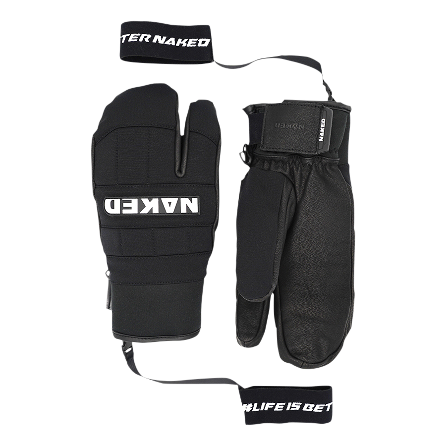 Ein Paar schwarze Skihandschuhe für Männer und Frauen von NAKED Optics mit dem Schriftzug "NAKED" auf dem Rücken und Riemen mit der Aufschrift "LIFE IS BET".