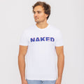 A man stands against a white background wearing the NAKED Optics T-Shirt Bicolor-Logo, crafted from soft Bio-Baumwolle and featuring a bold blue and red “NAKED” logo. Show off your style with this unique piece from NAKED Optics.