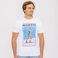 A man wearing a white NAKED Optics T-Shirt Skiing-Girl featuring a graphic of a woman skiing in swimwear on the front, characterized by its unique design and made from Fair Wear organic cotton.