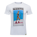 The NAKED Optics T-Shirt Skiing-Girl showcases a unique design with the NAKED text and a graphic of a woman in a bikini and ski gear set against a blue background, crafted from Fair Wear organic cotton for sustainable comfort.