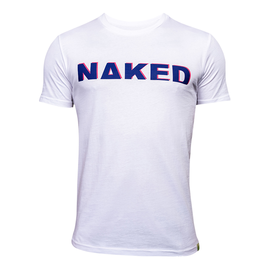 The T-Shirt Bicolor-Logo by NAKED Optics features bold blue and red “NAKED” lettering across the chest on a crisp white background, crafted from soft Bio-Baumwolle for all-day comfort. This standout design is perfect for fans of the signature NAKED Optics style.