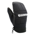 A black, insulated mitten called The AGENT Mitten from NAKED Optics, featuring the word NAKED printed upside down on the back.