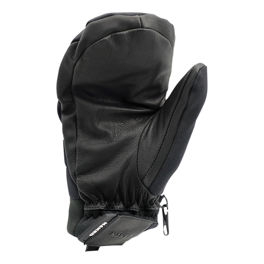 Introducing The AGENT Mitten by NAKED Optics—a black insulated mitten with a robust Ziegenleder palm, an elastic wrist, and a practical zipper pull near the cuff for added convenience—perfekt für warme Fäustlinge an kalten Tagen.