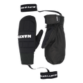 Two black The AGENT Mitten warme Fäustlinge from NAKED Optics with wrist straps—one displaying the palm side aus hochwertigem Ziegenleder, the other showing the back with prominent NAKED text—a stylish Skihandschuh ideal for winter adventures.