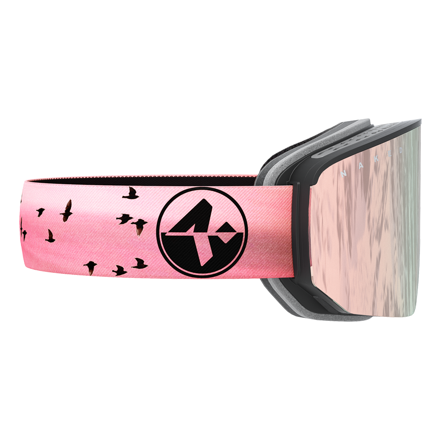 Die NOVA von NAKED Optics ist eine rosafarbene Skibrille, die mit schwarzen Vogelsilhouetten und einem schwarzen Logo auf dem Riemen verziert ist; diese große Skibrille verfügt über ein Magnetwechselsystem für einen mühelosen Glaswechsel, während ihre Gläser eine helle Umgebung widerspiegeln und mit einer wirksamen Anti-Beschlag-Beschichtung ausgestattet sind.