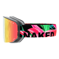 Skibrille von NAKED Optics mit dem Namen „The NOVA“, die sich durch ein farbenfrohes Riemchen mit Blumenmuster auszeichnet, auf dem der Schriftzug „NAKED“ deutlich zu sehen ist. Sie sind mit einem praktischen Magnetwechselsystem und einer wirksamen Anti-Fog-Beschichtung ausgestattet, um klare Sicht auf der Piste zu gewährleisten.