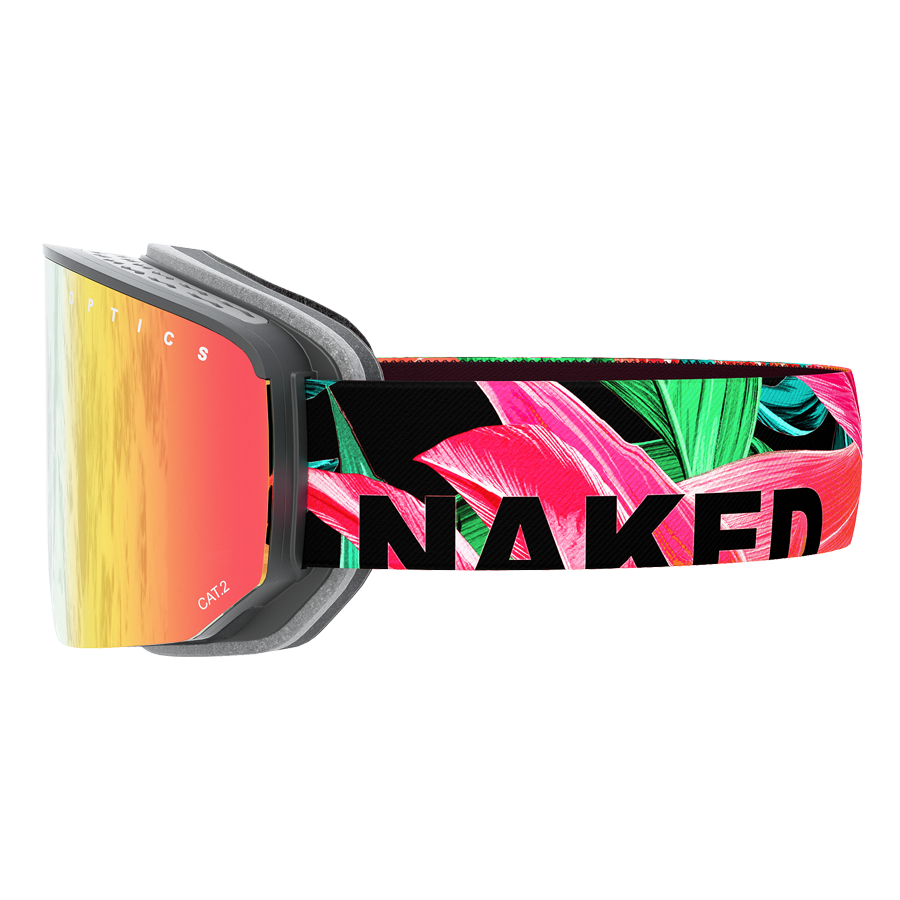Skibrille von NAKED Optics mit dem Namen „The NOVA“, die sich durch ein farbenfrohes Riemchen mit Blumenmuster auszeichnet, auf dem der Schriftzug „NAKED“ deutlich zu sehen ist. Sie sind mit einem praktischen Magnetwechselsystem und einer wirksamen Anti-Fog-Beschichtung ausgestattet, um klare Sicht auf der Piste zu gewährleisten.