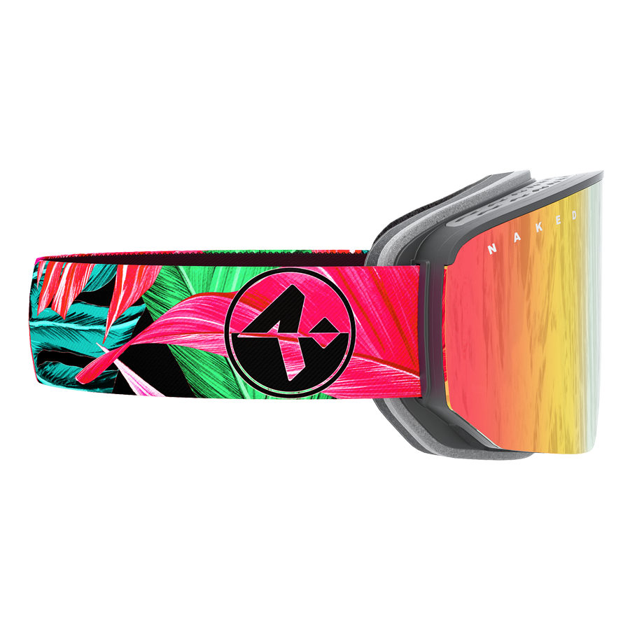 Die NOVA von NAKED Optics ist eine farbenfrohe Skibrille mit einem Riemen mit tropischem Muster und reflektierenden orange-gelben Gläsern, hier von der Seite gesehen. Diese große Skibrille verfügt über ein innovatives Magnetwechselsystem für einen schnellen Glaswechsel und eine Anti-Fog-Beschichtung, die unter allen Bedingungen für klare Sicht sorgt.