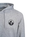 The Hoodie Back-Print, Unisex from NAKED Optics is a gray Kapuzenpullover featuring a black geometric logo on the left chest, displayed against a plain white background.