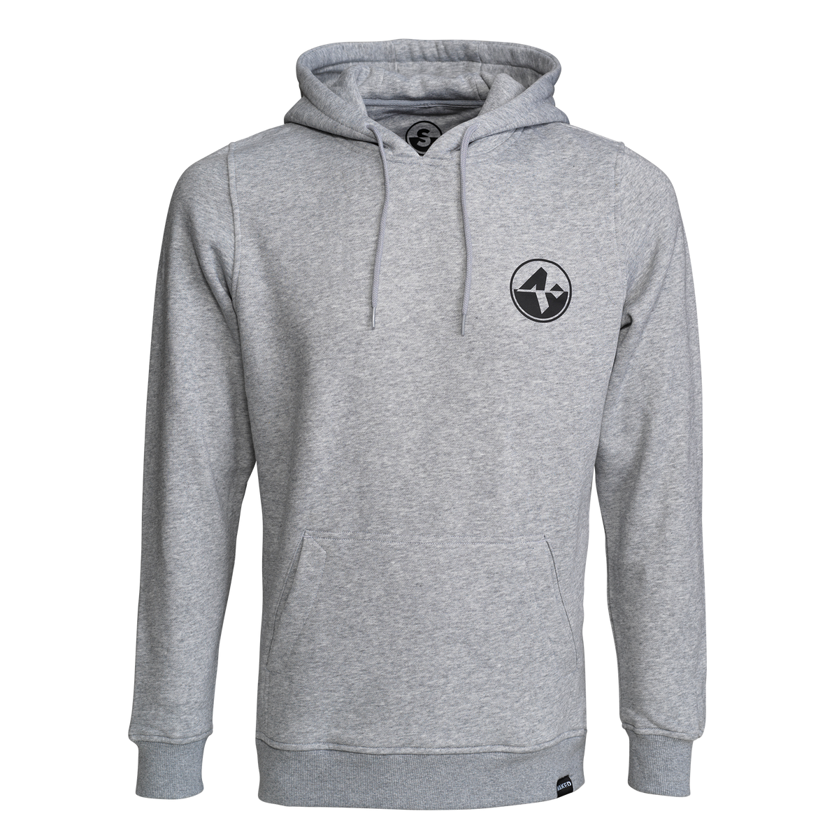The light gray NAKED Optics Hoodie Back-Print, Unisex, features a small round black logo on the left chest, a front pocket, and a subtle NAKED Optics hoodie backprint for added style.