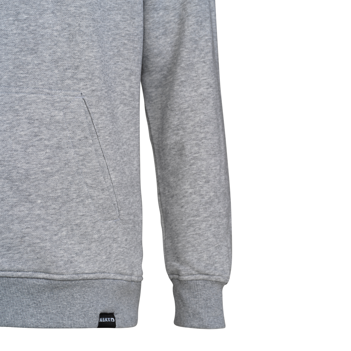 A grey NAKED Optics Hoodie Back-Print Unisex sweatshirt featuring a front pocket and a small black tag near the bottom hem, styled in classic NAKED Optics fashion, displayed on a white background.