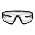 Optisches Insert HAWK by NAKED Optics, featuring prescription lenses with individuelle Sehstärke, is fitted inside large black Sportbrille goggles and shown from the front on a white background.