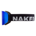 The TROOP EVO by NAKED Optics is a blue skibrille with a black strap featuring the word NAKED in bold white block letters. Equipped with an effective Anti-Fog-Beschichtung, these goggles ensure clear vision on the slopes.