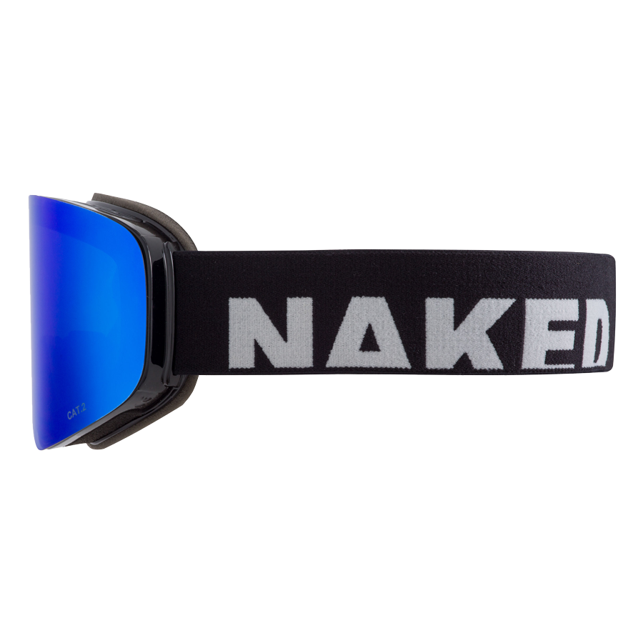 The TROOP EVO by NAKED Optics is a blue skibrille with a black strap featuring the word NAKED in bold white block letters. Equipped with an effective Anti-Fog-Beschichtung, these goggles ensure clear vision on the slopes.