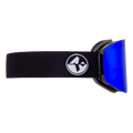 The TROOP EVO Skibrille by NAKED Optics features blue lenses and a black strap adorned with a white circular logo, shown from the side. These goggles are equipped with an Anti-Fog-Beschichtung for consistently clear vision on the slopes.