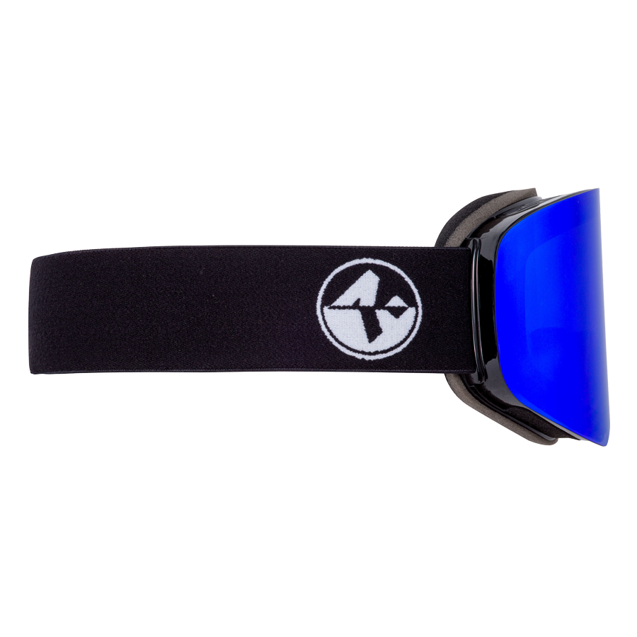 The TROOP EVO Skibrille by NAKED Optics features blue lenses and a black strap adorned with a white circular logo, shown from the side. These goggles are equipped with an Anti-Fog-Beschichtung for consistently clear vision on the slopes.