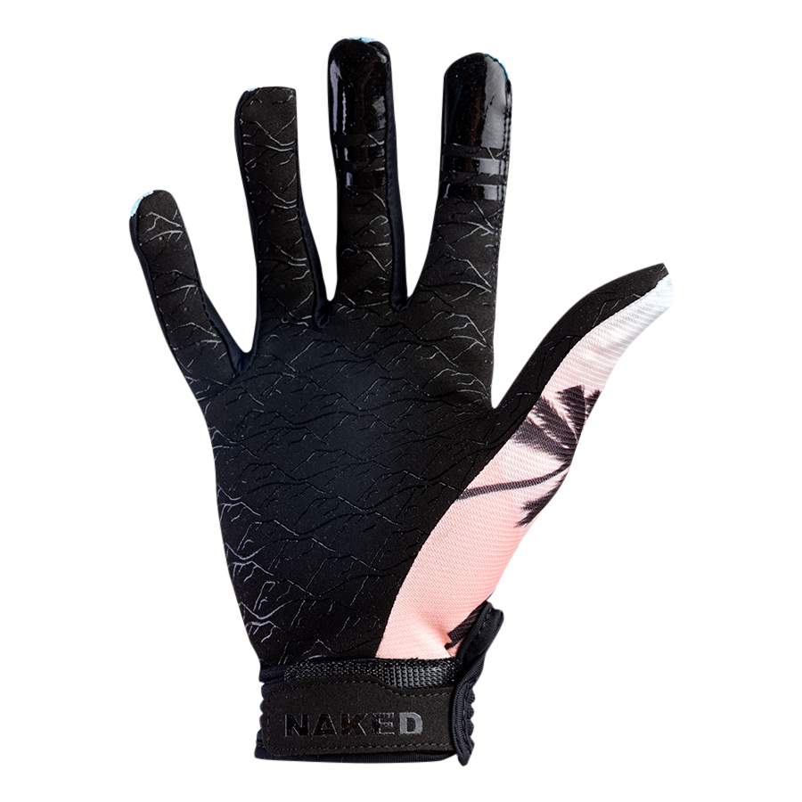 Introducing The RAID Bike Handschuh by NAKED Optics—a black glove featuring a palm tree design on the side and bold NAKED text on the wrist strap, palm facing up. Ideal as a stylish MTB Handschuh or versatile Bike Handschuh for your next ride.
