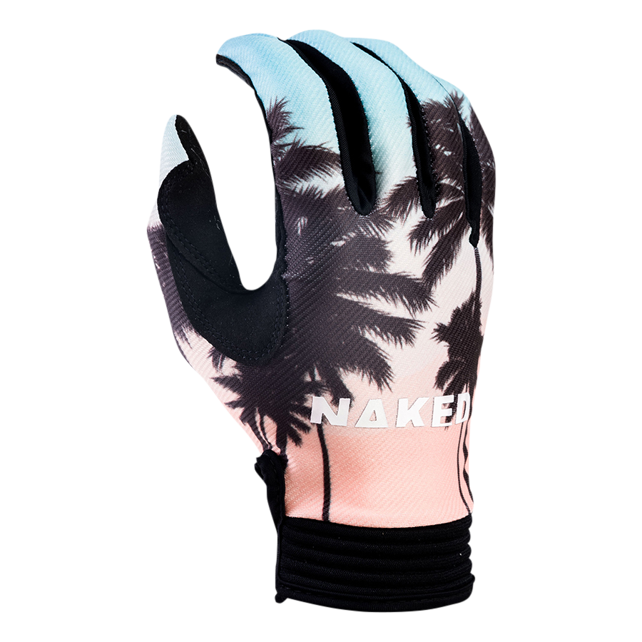The RAID Bike Handschuh by NAKED Optics features a striking palm tree silhouette and a blue-to-pink gradient design with “NAKED” on the back, making it the perfect stylish choice for riders seeking standout MTB or Bike Handschuhe.