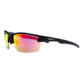 The RUSH Halfframe by NAKED Optics is a black sport sunglasses featuring red and yellow mirrored lenses that deliver stylish UV protection with UV400 Schutz. Ideal for active lifestyles, this Sportbrille stands out strikingly against a white background.
