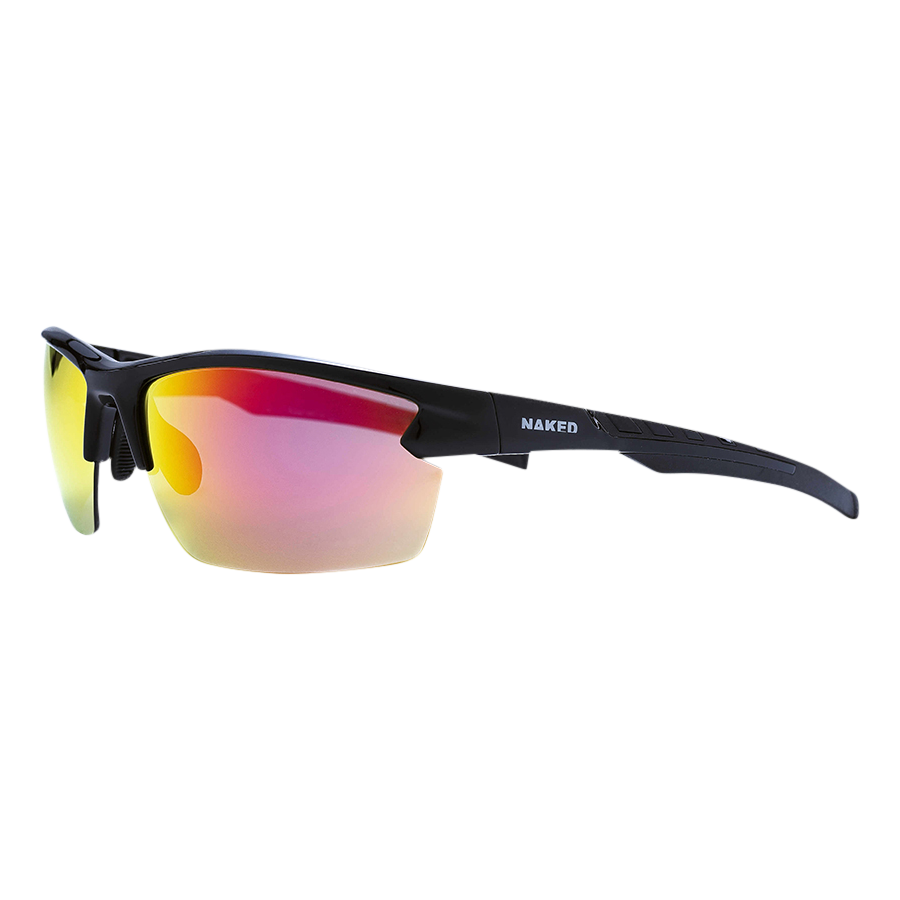 The RUSH Halfframe by NAKED Optics is a black sport sunglasses featuring red and yellow mirrored lenses that deliver stylish UV protection with UV400 Schutz. Ideal for active lifestyles, this Sportbrille stands out strikingly against a white background.