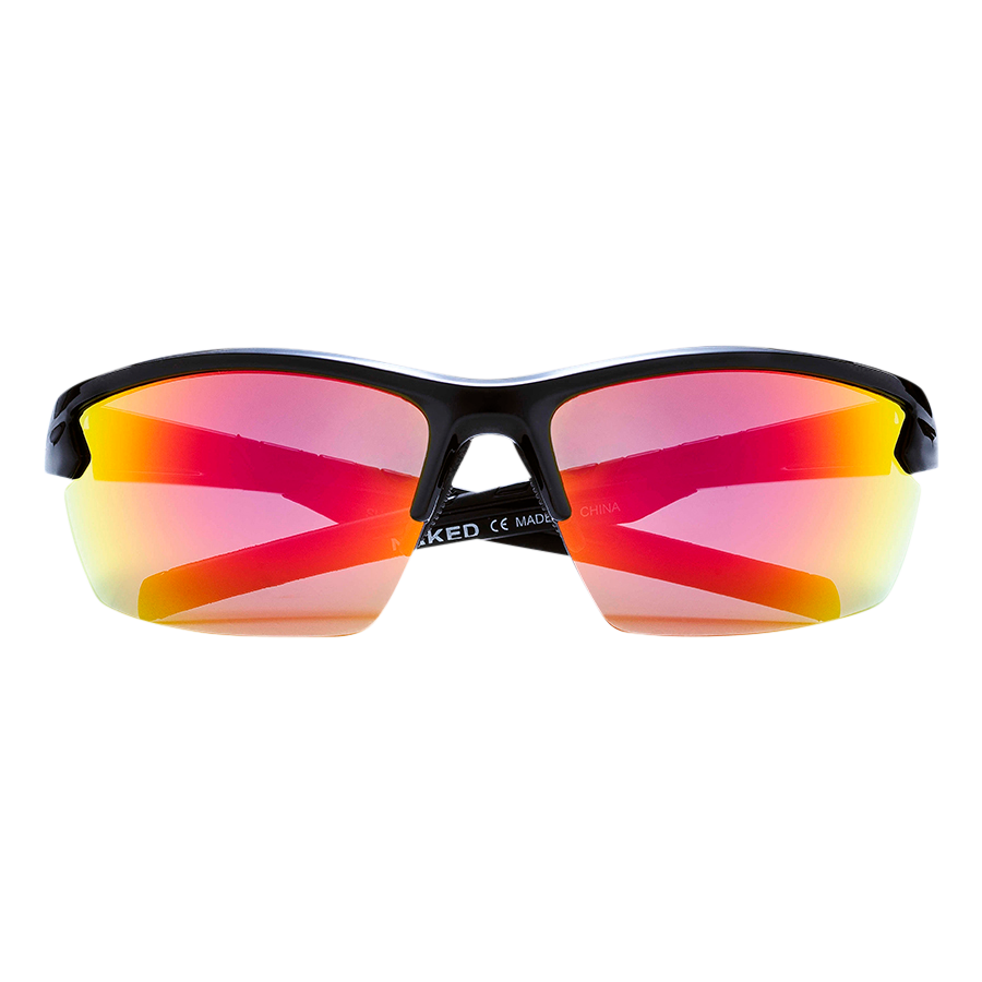 Sportsonnenbrille “The RUSH Halfframe” von NAKED Optics mit schwarzem Rahmen und rot-orange verspiegelten Gläsern auf weißem Hintergrund. Die Brille bietet UV400 Schutz für optimalen Augenschutz bei jeder sportlichen Aktivität.