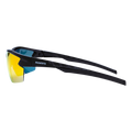 The RUSH Halfframe by NAKED Optics is a black sport sunglasses model with yellow mirrored lenses, featuring the NAKED logo on the side and offering UV400 protection, shown on a white background.
