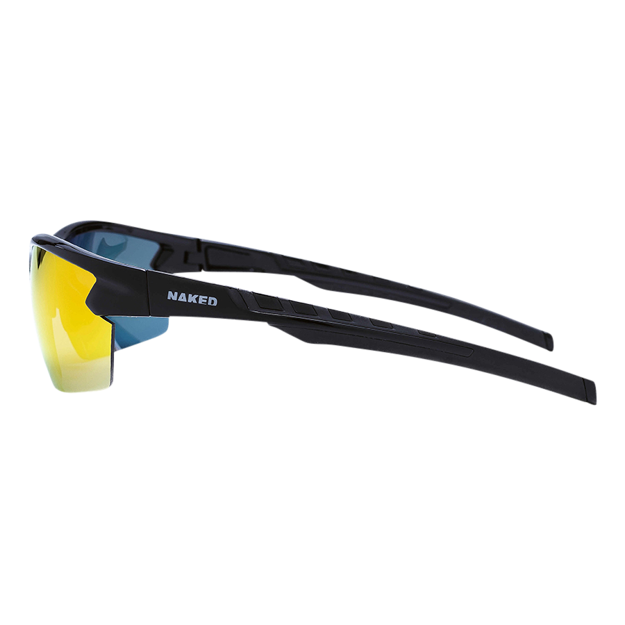 The RUSH Halfframe by NAKED Optics is a black sport sunglasses model with yellow mirrored lenses, featuring the NAKED logo on the side and offering UV400 protection, shown on a white background.