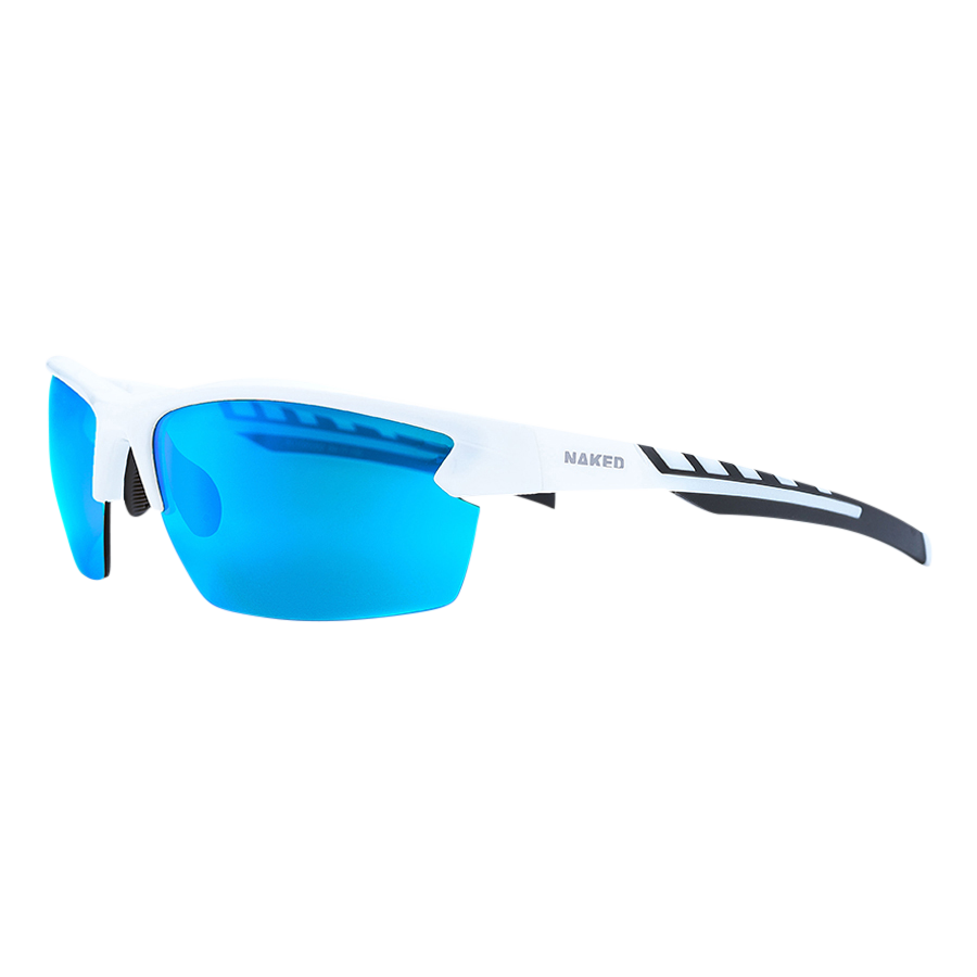 Il modello RUSH Halfframe di NAKED Optics è un paio di occhiali da sole sportivi bianchi con lenti a specchio blu e stanghette nere, che offrono protezione UV400, raffigurati su uno sfondo bianco a tinta unita.