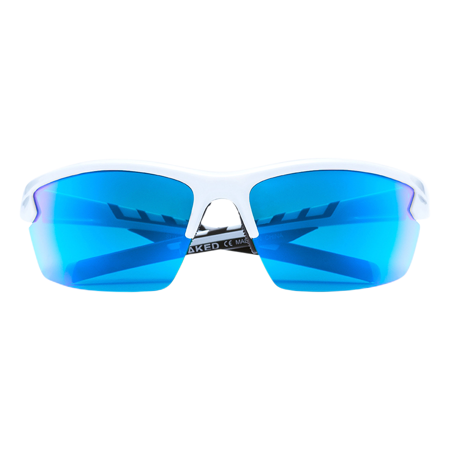 Il modello RUSH Halfframe di NAKED Optics, un paio di occhiali da sole sportivi bianchi con lenti a specchio blu e protezione UV400, in primo piano su uno sfondo semplice.
