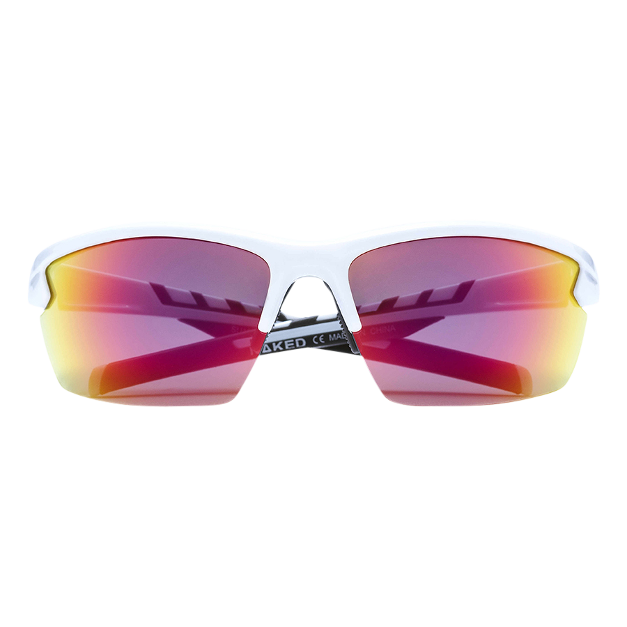 Die „RUSH Halfframe“ von NAKED Optics ist ein weißes Sportsonnenbrillenmodell mit rot-orange verspiegelten Gläsern und UV400-Schutz, hier von vorne vor einem einfarbigen Hintergrund abgebildet.