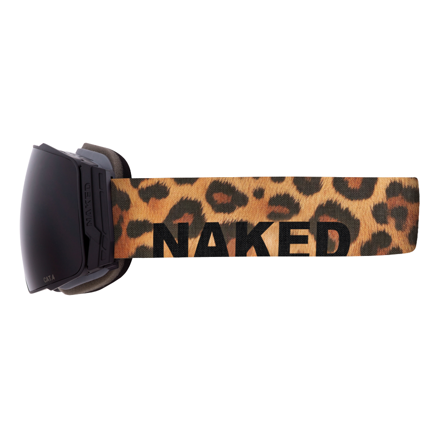The STORM by NAKED Optics are ski goggles featuring a leopard print strap with the word “NAKED” in black letters, a sphärisch skibrille design, and advanced Anti-Fog-Beschichtung for clear vision on the slopes.